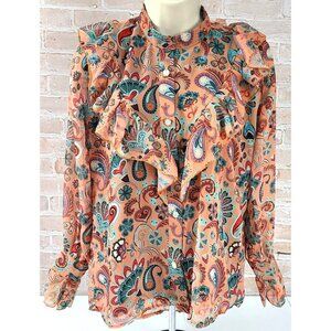 Polo Bonetta Long Sleeve Blouse Ruffle Fall Colors Glitter Buttons Women S/M New